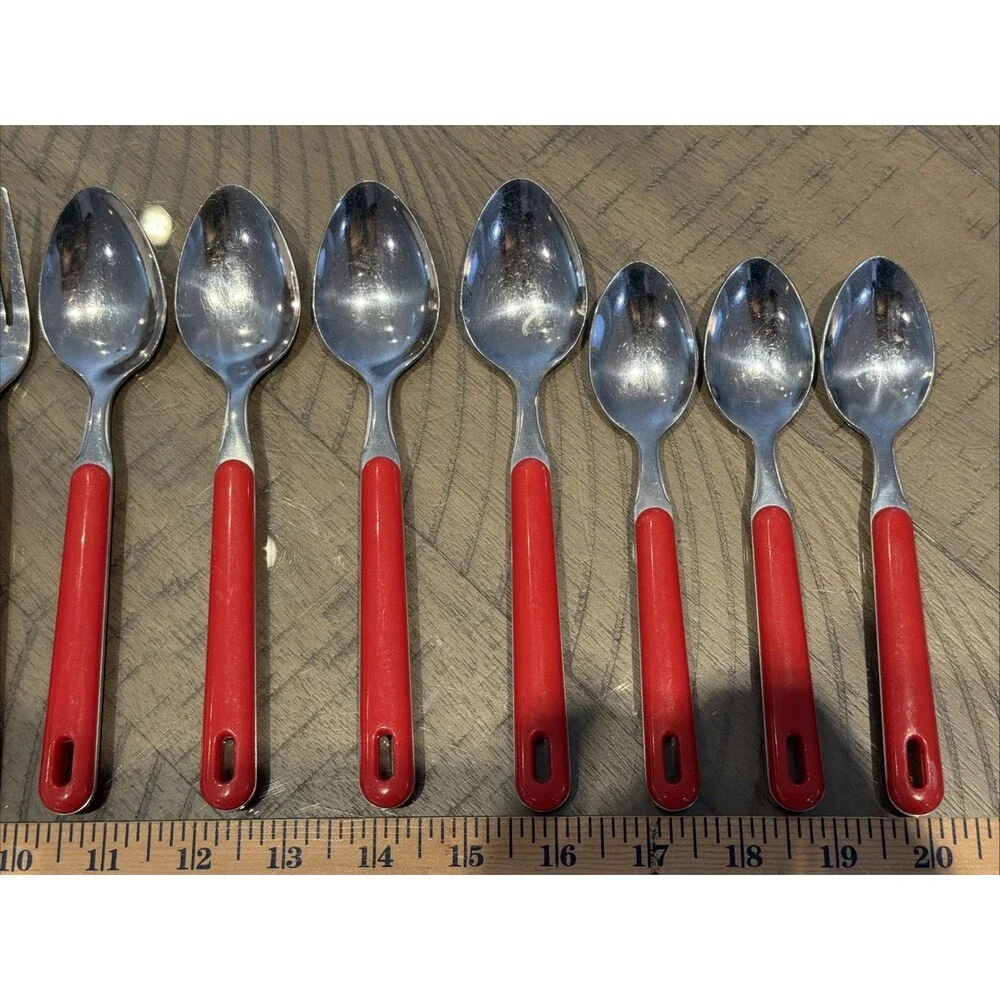 Vintage Stainless steele Flatware spoon fork knife RED HANDLES set retro
